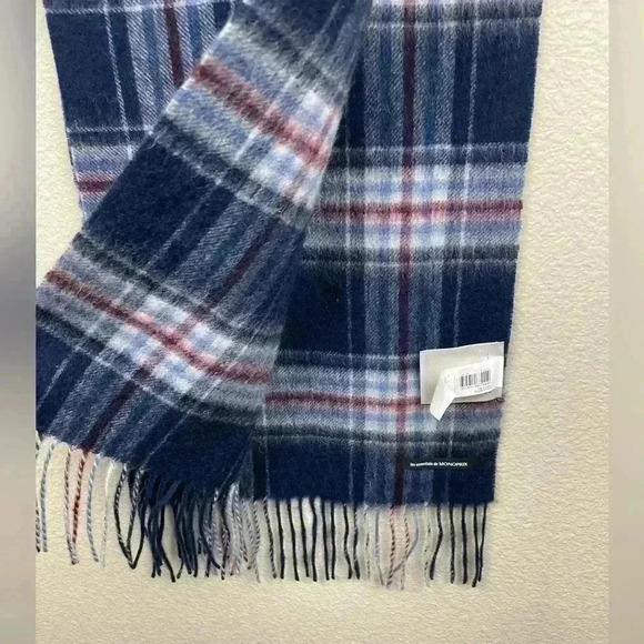 MONOPRIX Unisex One Size 100% Wool Fringe Scarf Blue Plaid Minimalist Essentials - Picture 4 of 13